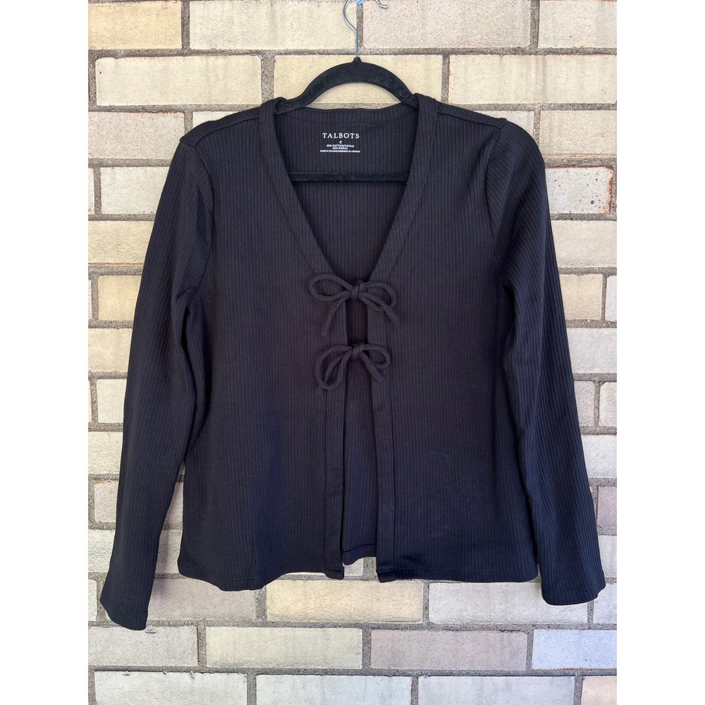 Talbots Black Ribbed Tie Front Cardigan Sweater Cotton Modal Knit Top Size Small